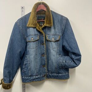 Faux Fur Lined Denim Jacket pacific rose Classic Vintage blue Jean women’s L Y2K
